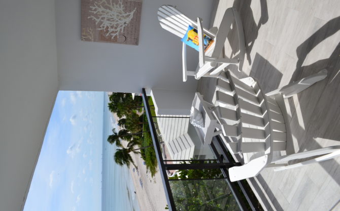 La terrasse et la vue plongeante sur la plage et les palmiers
