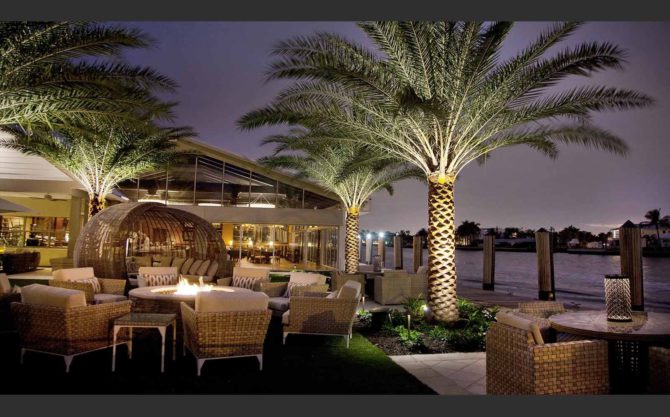 Terrasse de restaurant au bord de l'eau, entourée de palmiers
